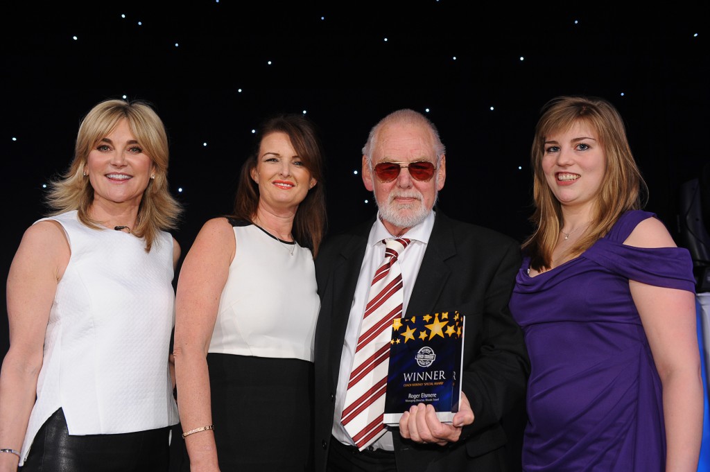 Roger Elsmere receives the Coach Monthly Special Award from (l-r) event host Anthea Turner, Jane Richardson from category sponsor Hilton Worldwide, and Jessamy Chapman from Coach Monthly